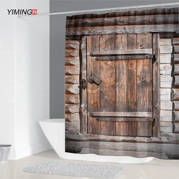 

200x180cm ancient brown wooden door printing shower curtain waterproof polyester with hook home decoration curtain