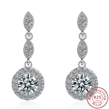 

Statement Round Long Earrings Real 925 Sterling Silver AAAAA Cz Party Wedding Drop Earrings Jewelry for Women Engagement Jewelry