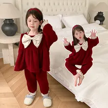 

Bear Leader Children's Flannel Pajamas Set 2022 New Solid Color Coral Fleece Bowknot Loose Casual Fashion Children Clothes