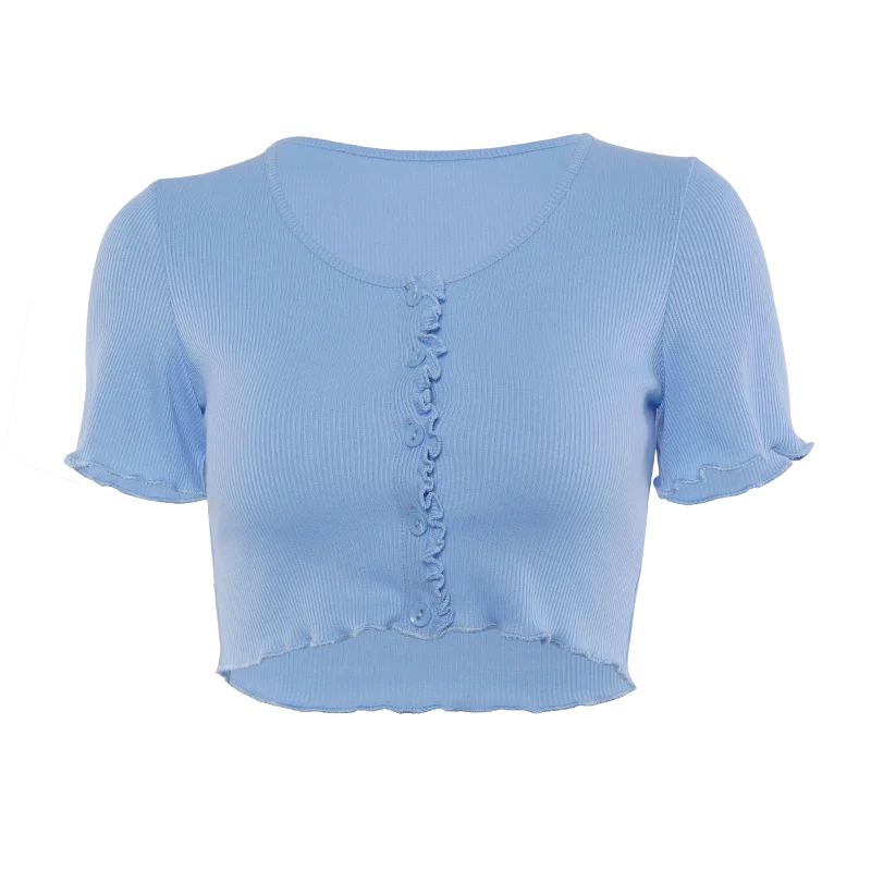 2020 Sexy Women Cardigan V-neck Summer T-shirt Short Sleeve Ruffle T-shirt Clubwear Buttons Bodycon Frilly Solid Color Crop Tops