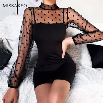 

Missakso Mini Polka Dot Women Dress Bodycon Party Long Sleeve Turtleneck Black Sexy Spring Transparent Mesh Dresses