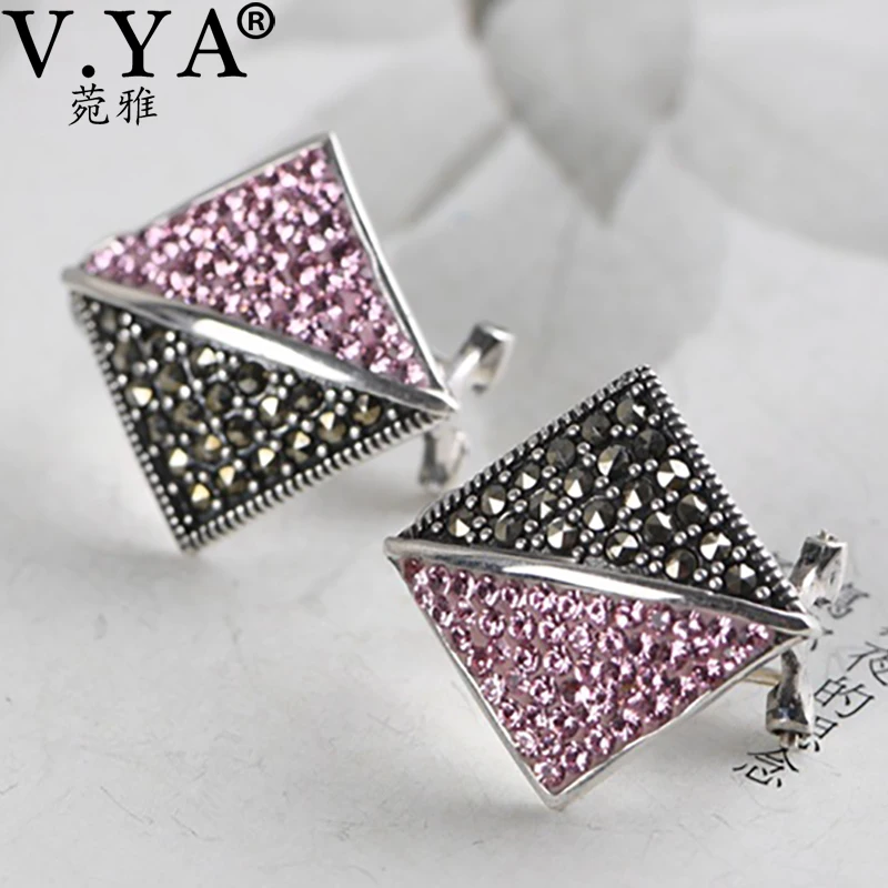 

V.YA Vintage Silver Stud Earrings For Women synthetic red zircon earrings Rhombus Shape Earrings S925 Silver Femal Earrings
