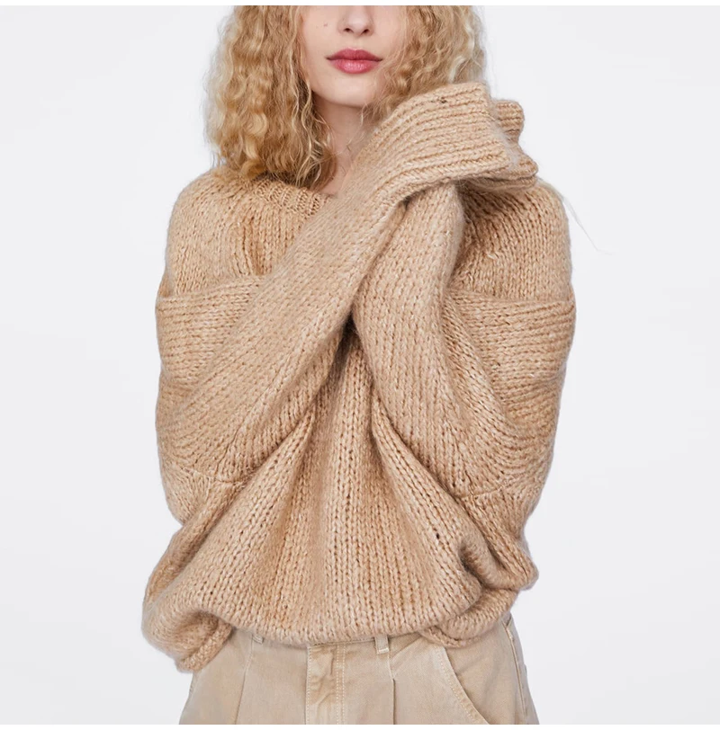 

Winter 2019 Khaki Knitted Sweater Women O Neck Long Sleeve Thick Warm Pullover Pull Femme Hiver Casual Jersey Sweaters