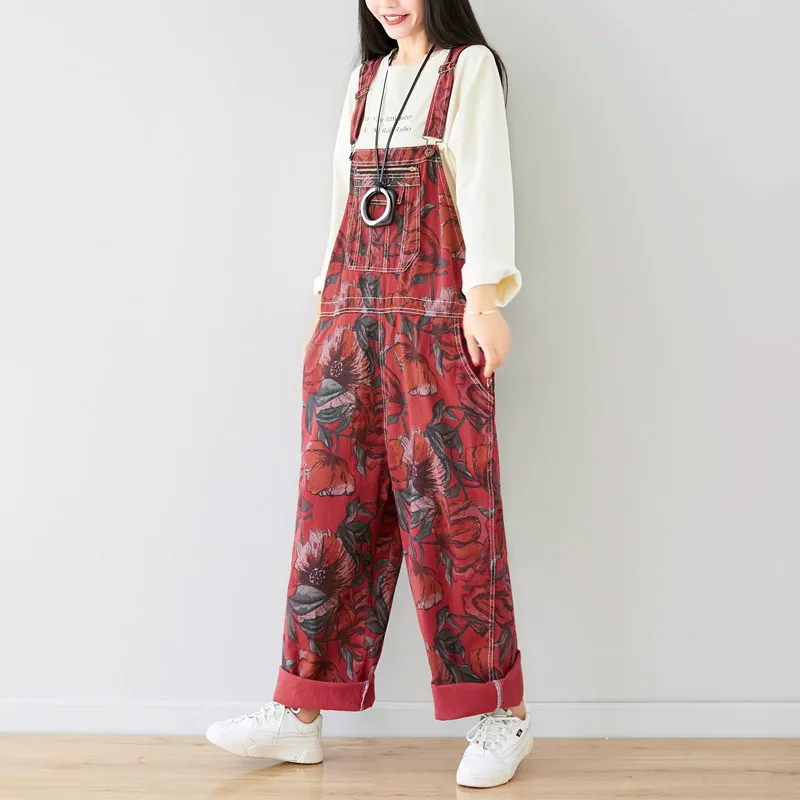 Denim Jumpsuit Women Plus Size Loose Casual Baggy Wide Leg Jeans Pants with Adjustable Straps Full Length Print Pockets Overalls