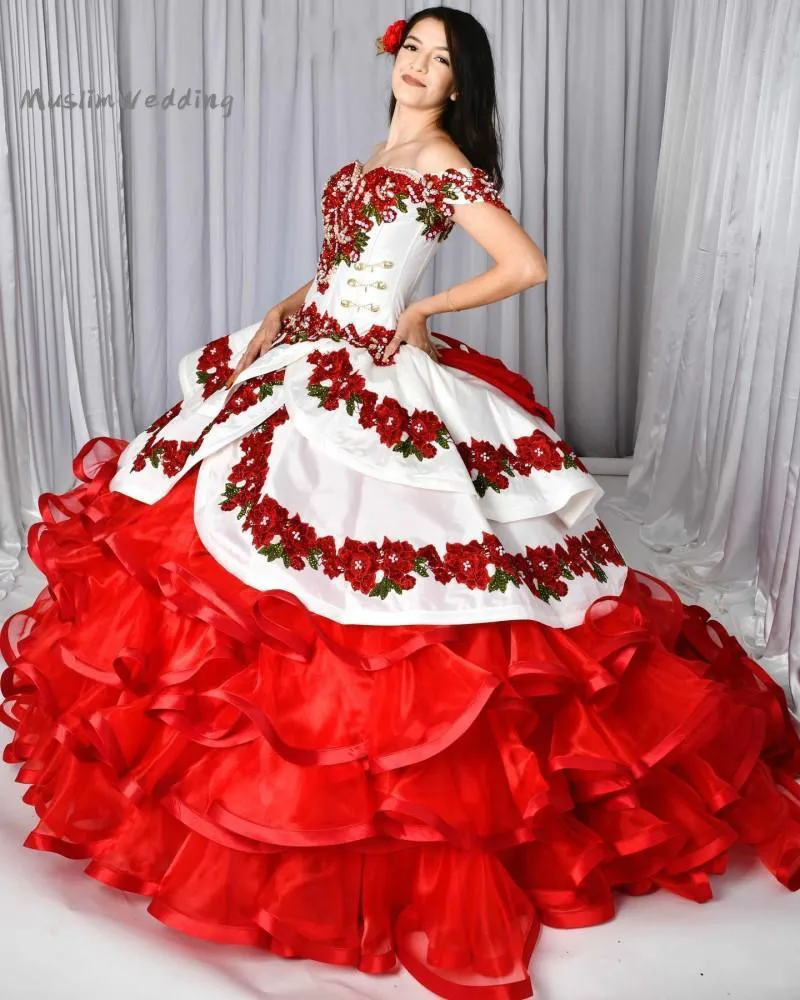Quinceanera Dresses Unique Red And White With Removeable Skirt 2 In 1 Embroidery Sweet 15 Dress Organza Ruffles Applique Prom