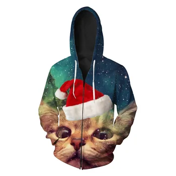 

Autumn 2019 Christmas cat printed men's with hoodie suit tide European and American zipper men's clothing Blouse hoodies