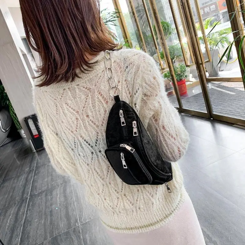 Fanny Chest Pack Women Velvet Multi Pocket Zipper Waist Pouch Shoulder Bag