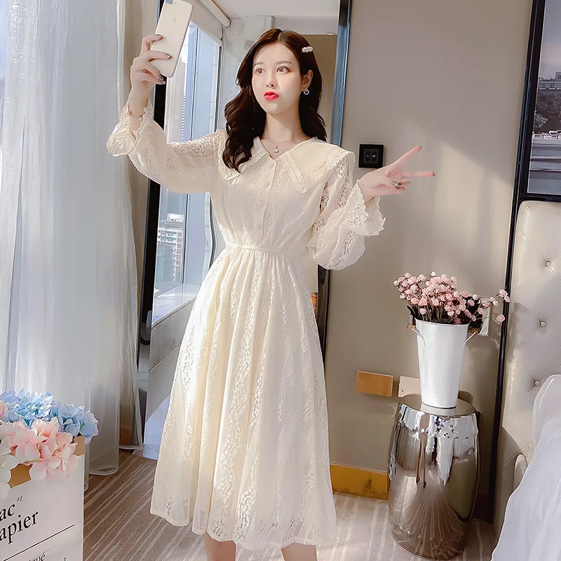 

2020 Spring Early Spring New Style Ladies' Sweet Peter Pan Collar Bell Sleeve Crochet Lace Dress Medium-length A- line Skirt