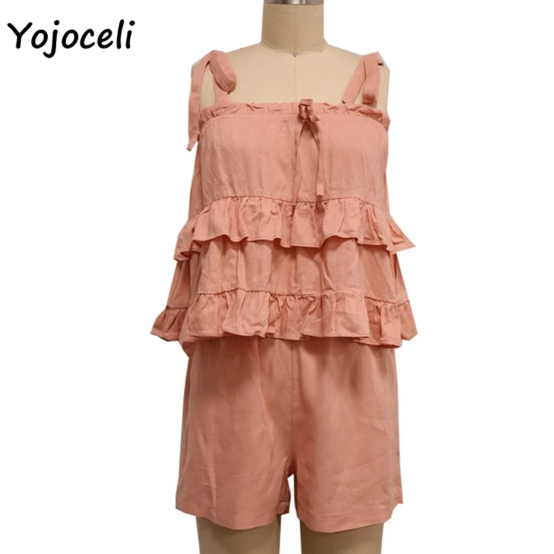 Yojoceli cute bow ruffle jumpsuit romper women two pieces set boho beach playsuit
