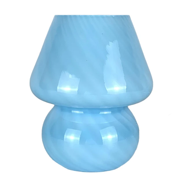 Glass LED Desk Lamp For Bedroom Bedside Korean Modern ​Striped Mushroom Table Lamp Decor Cute Glass Translucent Bedside Lamp Dark Blue Stripe