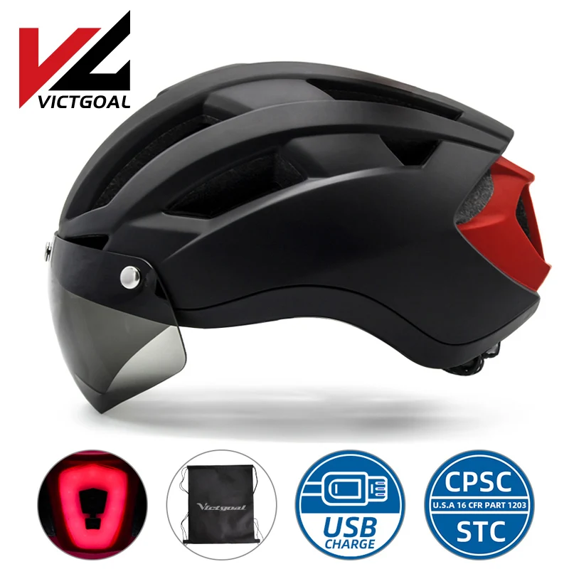 VICTGOAL Bike Helmet with Removable Goggles USB Rechargeable Rear Light Bicycle Helmet