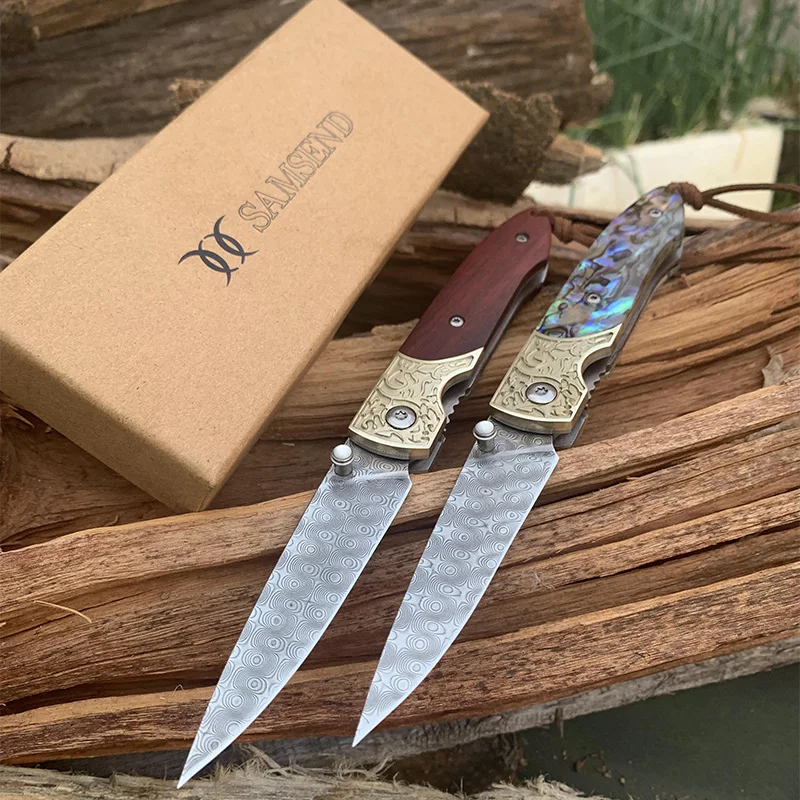 SAMSEND натуральный abalone + резная Медная головка узор Дамаск VG10 складной нож