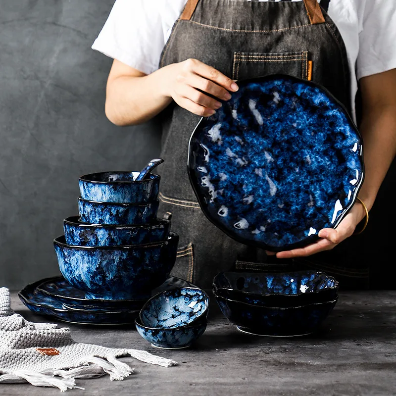 Ceramic Dinner Plates And Bowls Blue Dishes Creative Japanese Retro Kiln Changed Tableware Dinnerware Set Plate Platos De Cena | Дом и сад