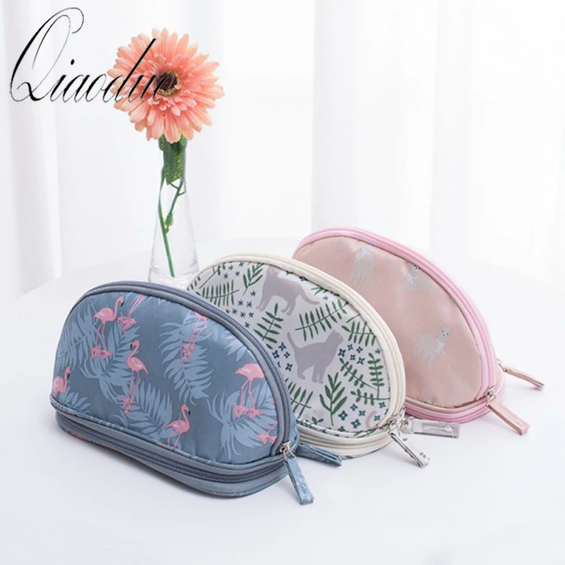 

Qiaoduo 2019 Portable Flamingo Cosmetic Bag Double Layer Travel Makeup Pouch Bags Circular Woman Make Up Bag Brush Organizer