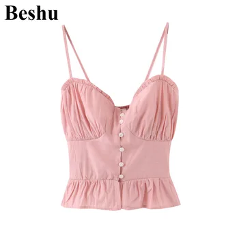 

za 2020 fashion blouses women pink blend single-breasted folds ruffles hem short sling blouse elastic back elegant blusas mujer
