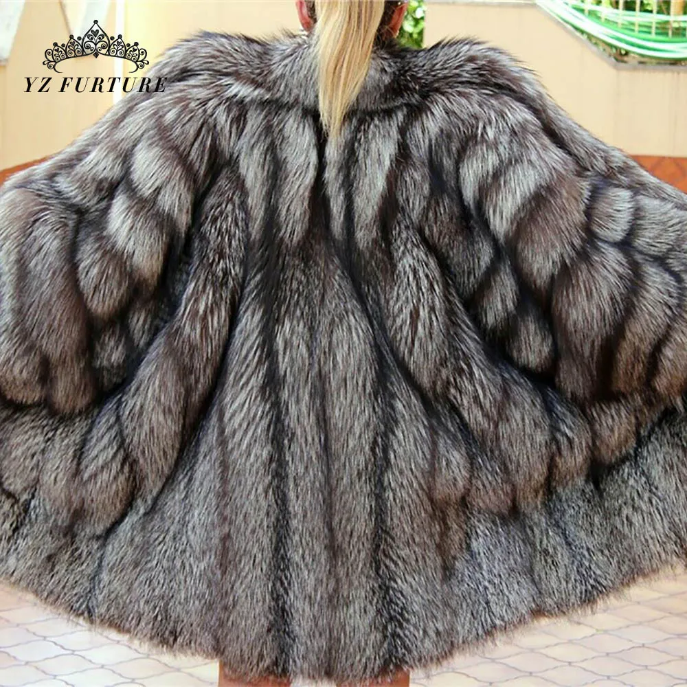 

2019 Fashion Womens Natural Silver Fox Fur Coat Women Winter Collar Fox Fur Coat New Fashion High Quality Real Fur Coats