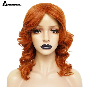 

ANOGOL High Temperature Fiber Medium Orange Water Wave Synthetic Cosplay Wig with Bangs Middle Part for Women Halloween Party