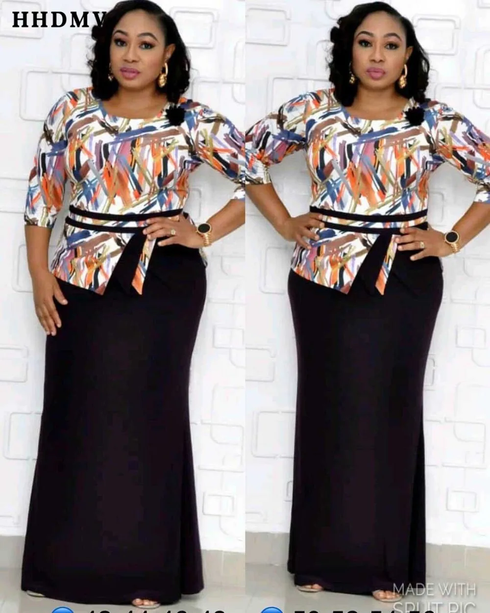 HHDMV XL98126 plus-size customization elegant high street style long dresses seven points sleeve round neck printed long dresses
