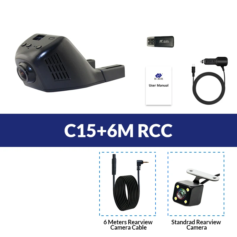 C15-6M RCC E-ACE Автомобильный видеорегистратор WI-FI DVRs двойной Объектив для камеры регистратор dashcam цифрового видео Регистраторы видеокамера Full HD 1080 P 30FPS Ночь Версия - Название цвета: C15-6M RCC