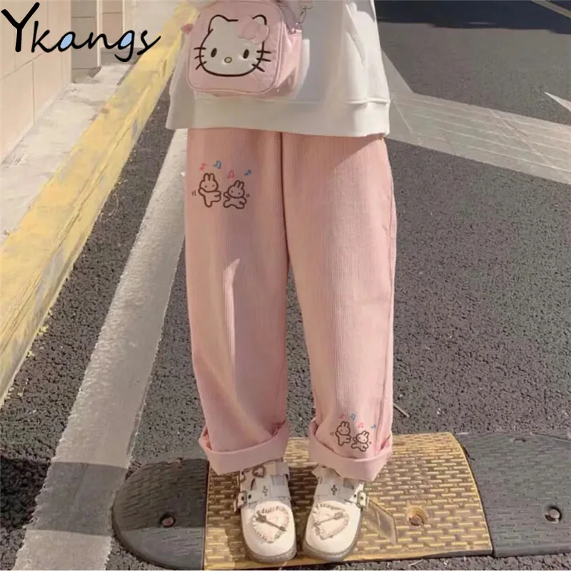 Women\'s Casual Baggy Cartoon Korean Fashion Corduroy Pants Harajuku Streetwear Kawaii Pink High Waist Leg Sweat Trousers Female