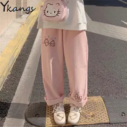 Women's Casual Baggy Cartoon Korean Fashion Corduroy Pants Harajuku Streetwear Kawaii Pink High Waist Leg Sweat Trousers Female