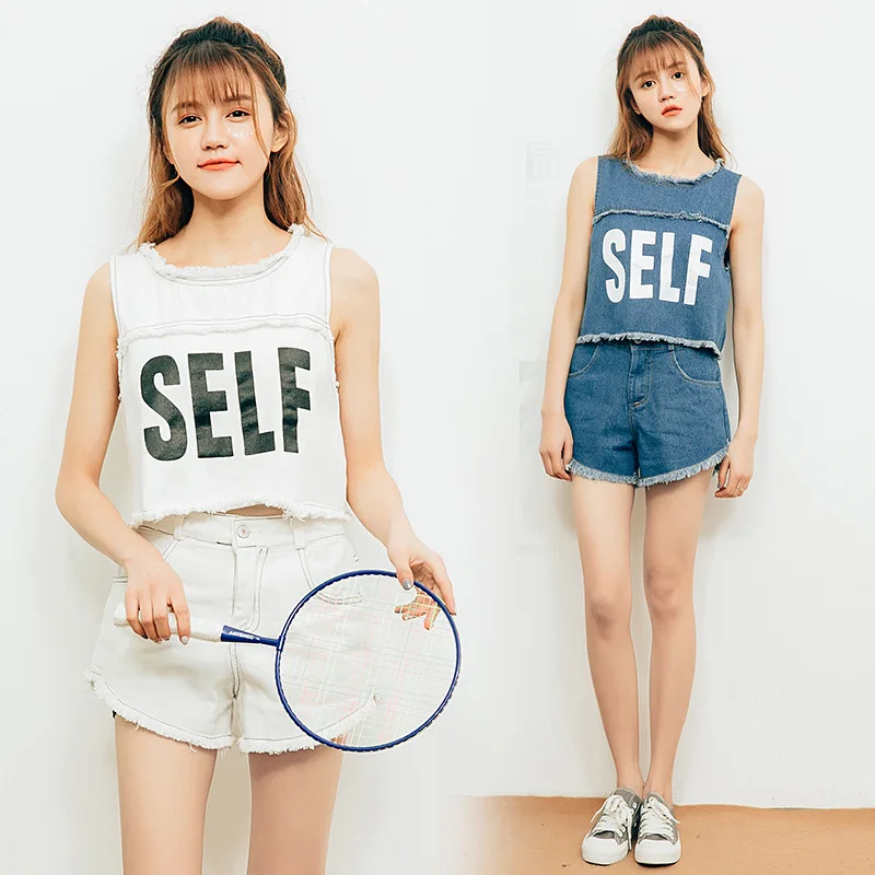 

Navel WOMEN'S Suit Summer 2019 New Style Fashionable Two-Piece Set Short Vest And with Holes Denim Shorts