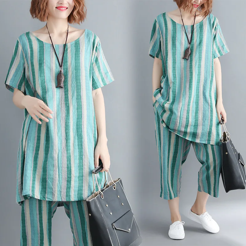

2019 Summer New Style Literature And Art-Style Women's Large Size Striped Suit Tops + Pants