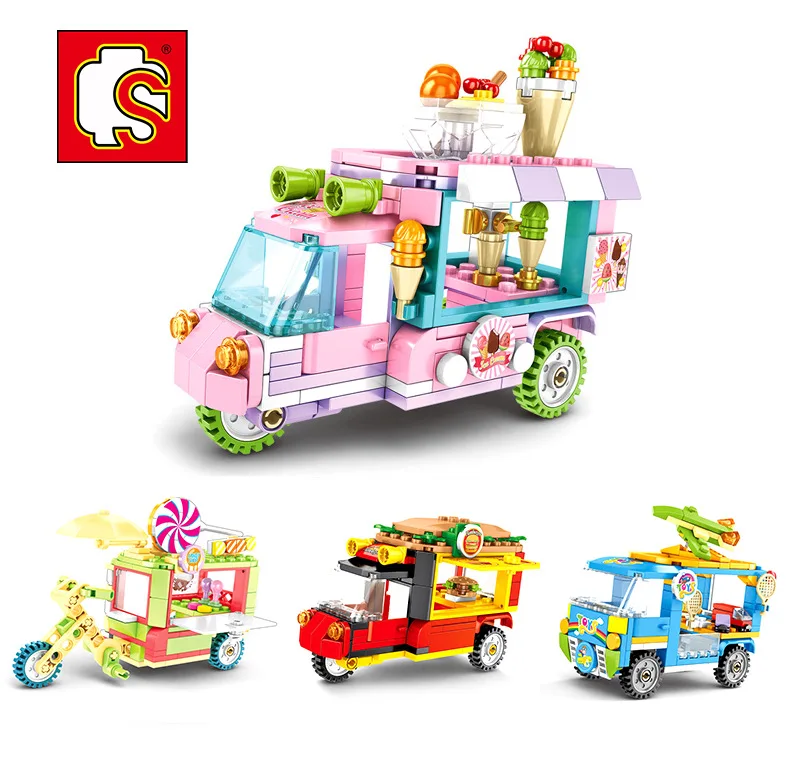 

Baby Semp 601200-601203 Street View Sales Pushcart Take-out Dining Car Educational Children Assembled Inserted Building Blocks T