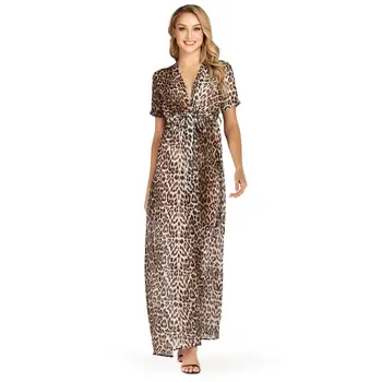 

2019 Summer New Arrival Collect Waist Flare Sleeve Leopard Printed Woman Chiffon Long Dress
