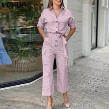 

Autumn Long Jumpsuits VONDA Women 2021 Casual Lapel Collar Playsuits With Pockets Femme Loose OL Office Overalls Oversized