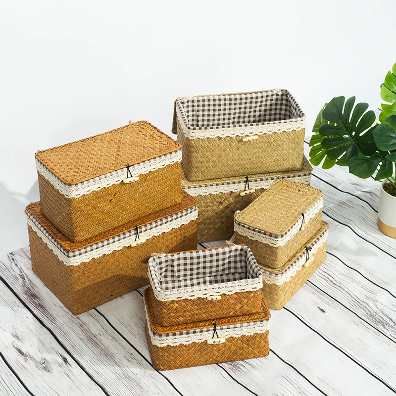 Panier Rangement Rotin Rond Avec Couvercle 22x10 Cm - Boîte Décorative Tissée Main Cuisine Bureau
