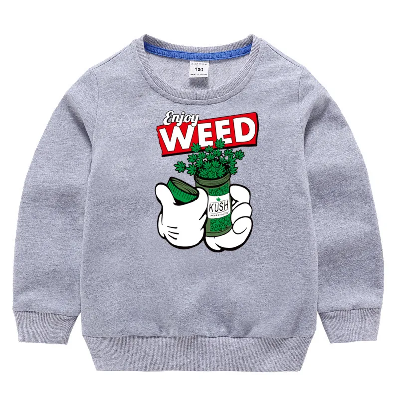 Детский хлопковый пуловер с принтом «Enjoyweed» для девочек; топы для маленьких мальчиков; осенняя одежда; толстовки для мальчиков - Цвет: T11-grey