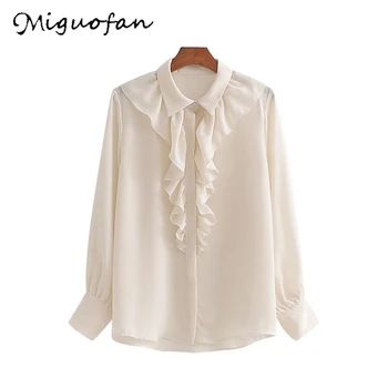 

Miguofan Solid Ruffles Blouses Shirt Women Fashion Turn Down Collar Shirts Women Elegant Buttons Long Sleeve Tops Female Ladies