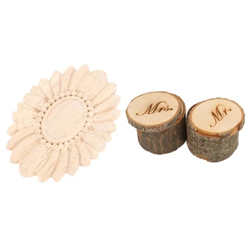 

2Pcs Mr & Mrs Shabby Chic Rustic Wedding Ring Pillow Holder Box Made of Wood & 1Pcs 7X5cm European Style Wooden Applique
