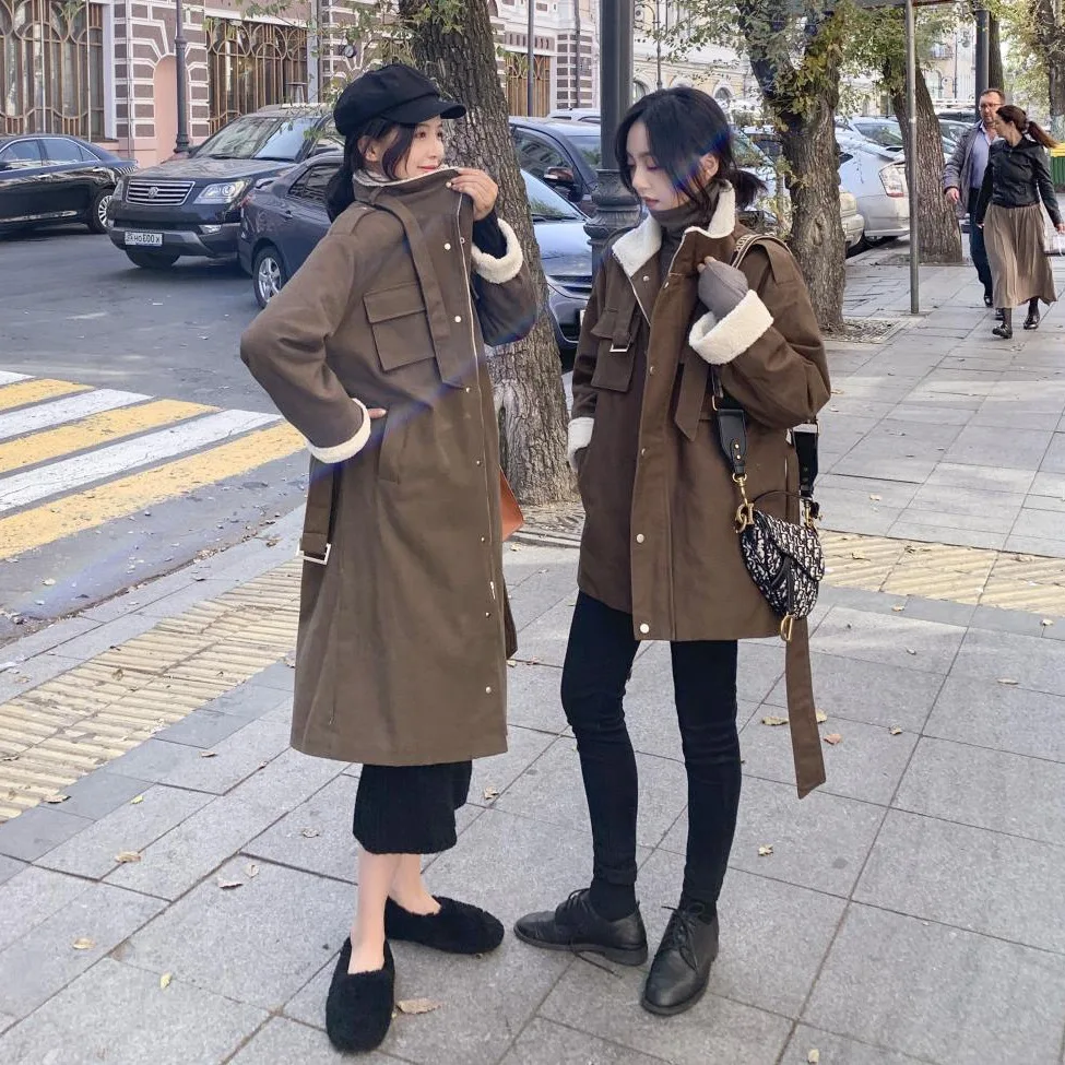 

Photo Shoot CHIC Coffee Mid-length BF Stand Collar Single Breasted Waist Hugging Lace-up Lambs Wool Workwear Cotton Coat Coat Wo
