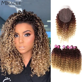 Afro Kinky Curly Hair Extensions Ombre Blonde 16-20Inch Synthetic Hair Bundles With Closure Weave Hair High Temperature Fiber