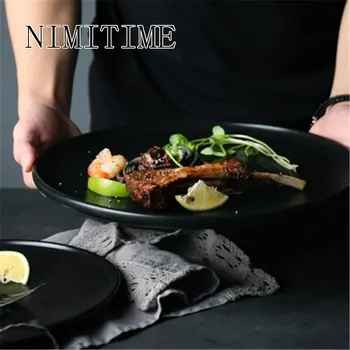 

NIMITME Ceramic Western Plate Pasta Tray Pan Black Breakfast Swing Plate Dessert Salad Plate Large Disc