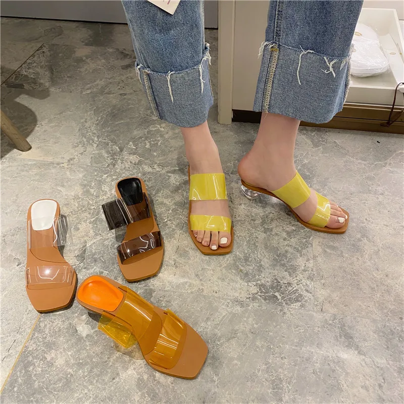 Boussac Mixed Colors Geometric Heel Slipper Sandals Women Square Toe High Transparent PVC Designer Shoes | Обувь