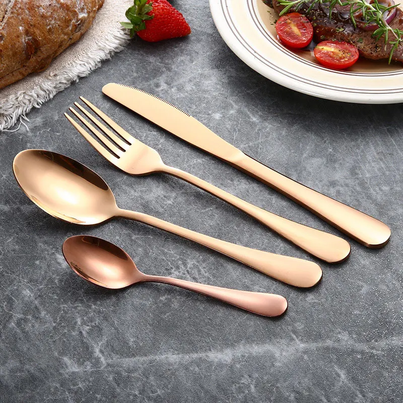 Rose Gold Набор разноцветных столовых приборов из нержавеющей стали, 4 шт., розовое золото, Радужное титановое покрытие, вилка, нож, посуда для еды, набор столовых приборов для стейка в западном стиле - Цвет: Rose Gold