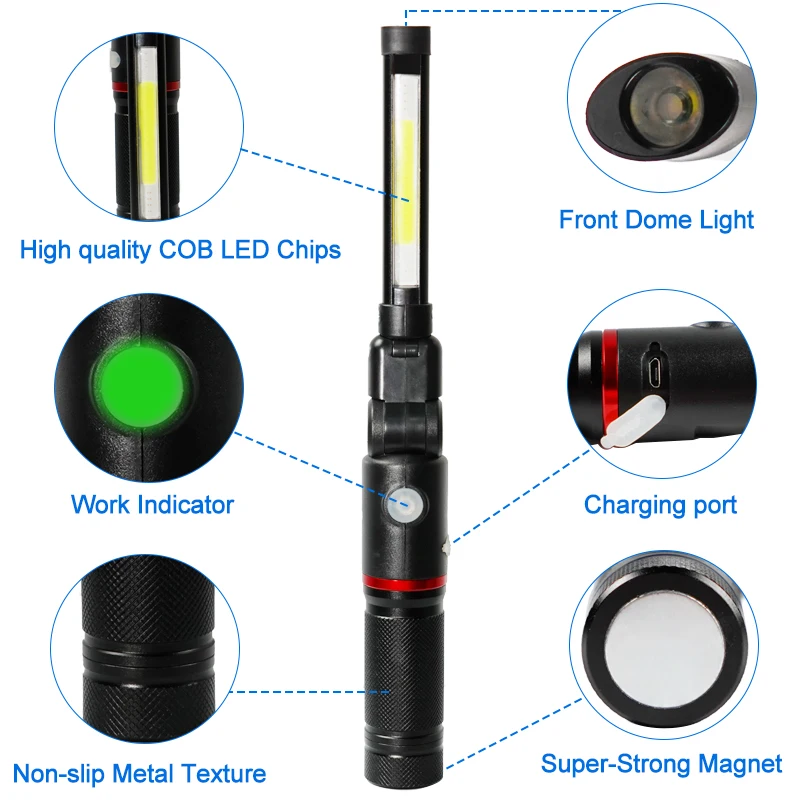 LED Rechargeable Work Light Foldable with Magnetic Base 270&deg; Rotate Waterproof 4 Modes