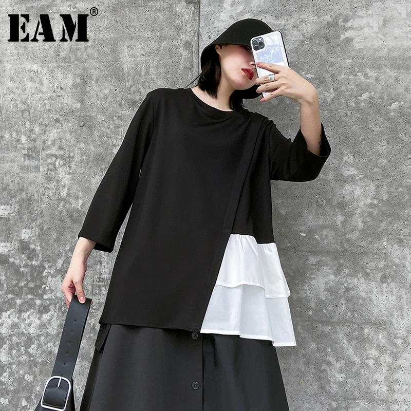 

[EAM] Women Black Ruffles Split Joint Temperament T-shirt New Round Neck Long Sleeve Fashion Tide Spring Autumn 2020 1R669