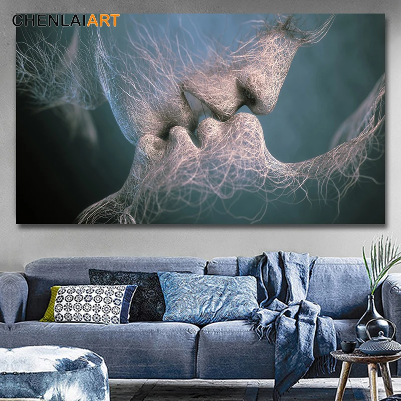 3 цвета черный синий желтый современный абстрактный поцелуй любви холст живопись