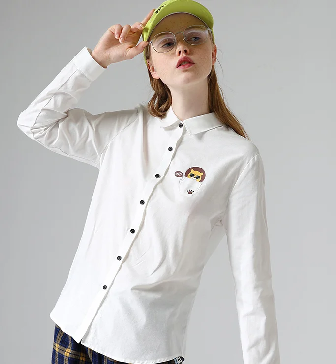 Toyouth забавные животные отложной воротник блузка Повседневная карман с длинным рукавом печатных рубашки женские топы - Цвет: White lion