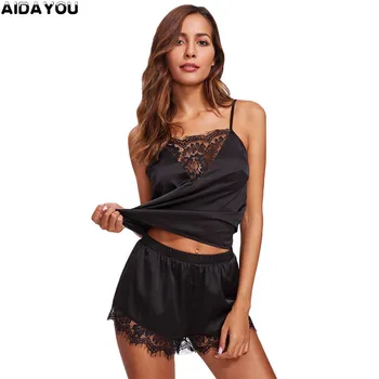 

Satin Silk Pjs Sexy Summer Pajamas Sleepwear Women Spaghetti Strap Nightwear Lace Trim Cami Top Pajama Sets OUC3320