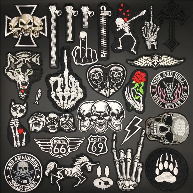 16 Pieces Rock Punk Skull Embroidered Iron-on Patches for Jackets