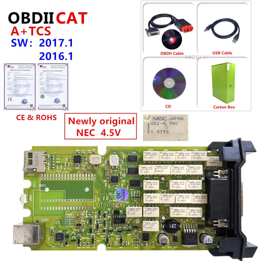 Оптовая продажа Новая зеленая плата OBDIICAT 2016.R1/2017.R1 NEC TCS с Bluetooth keygen obd2