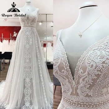 A Line Boho Blush Pink Wedding Dress Spaghetti Straps Lace Tulle V Neck Sleeveless Open Back trouwjurk Robe de mariee Customized 1