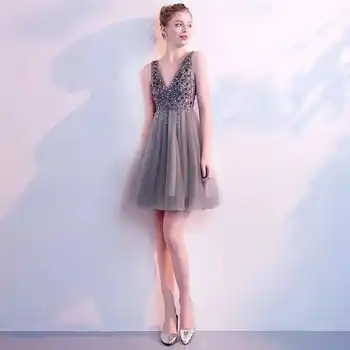 

Holievery Beaded Sequins V Neck Tulle Cocktail Dresses 2020 Backless Party Dress Knee Length Women Gowns robe de soiree