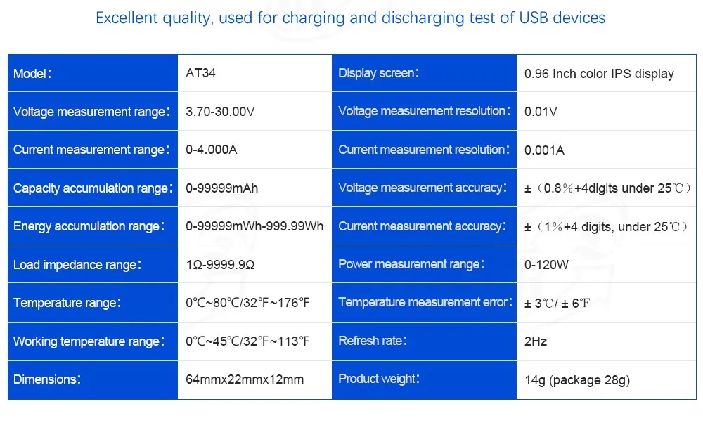 AT34 USB3.0 IPS HD Color Screen USB Tester Voltage Current Capacity Energy Power Equivalent Impedance Temperature Tester