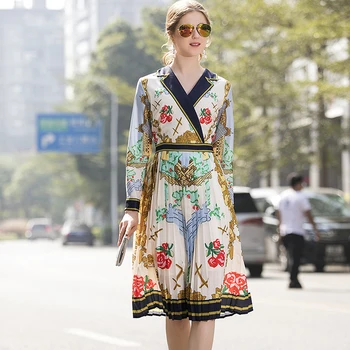 

Women's Runway Dresses Notched Collar Long Sleeves Printed High Street Pleated Fashion Dresses